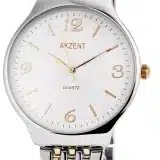 Akzent Herrenuhr Armband Silber/Gold mit Weißem Zifferblatt und Quarz Uhrwerk